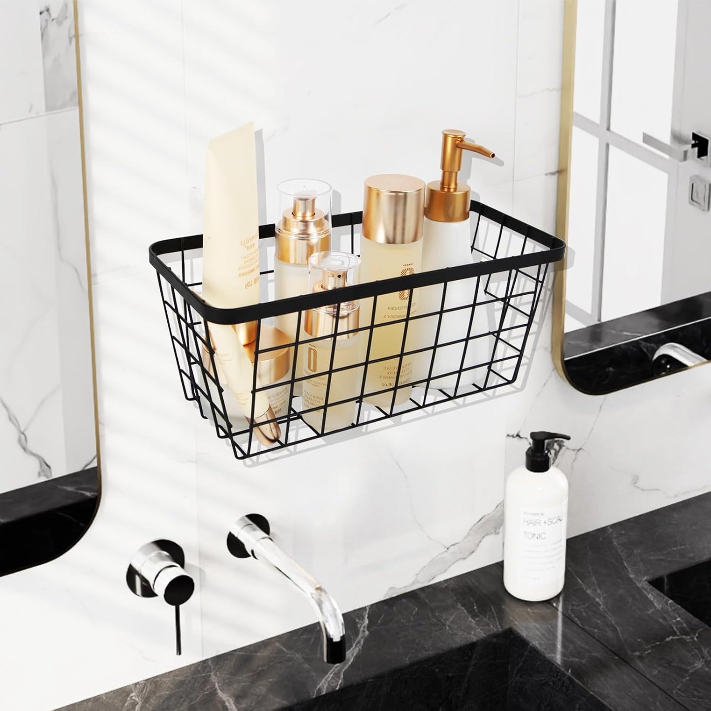 4 set Hanging Wall Basket Organizer,Over the Cabinet Door Wire Baskets for Organizing -Space-Saving Hanging Baskets for Organizing,Wall Mount Storage,No Drilling Adhesive Wall Storage Basket, Black