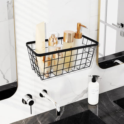 4 set Hanging Wall Basket Organizer,Over the Cabinet Door Wire Baskets for Organizing -Space-Saving Hanging Baskets for Organizing,Wall Mount Storage,No Drilling Adhesive Wall Storage Basket, Black