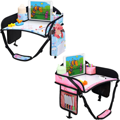 2PCS Kids Travel Tray, Car Seat Tray for kids Travel, Toddler Road Trip Essentials With Drawing Kit, Toddler Lap Desk Organizer for Car, Carseat Table for Airplane