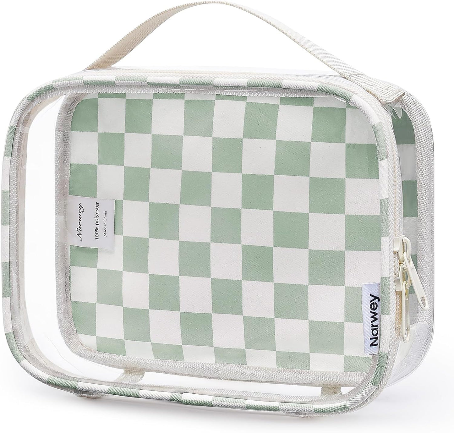 Narwey TSA Approved Clear Toiletry Bag for Travel, Waterproof PVC Clear Makeup Bags, Portable Compact Cosmetic Bag Make Up Organizer, Airport Airline Quart Size Compliant Bag (Mint Green Checkerboard)