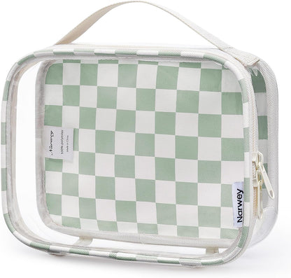 Narwey TSA Approved Clear Toiletry Bag for Travel, Waterproof PVC Clear Makeup Bags, Portable Compact Cosmetic Bag Make Up Organizer, Airport Airline Quart Size Compliant Bag (Mint Green Checkerboard)