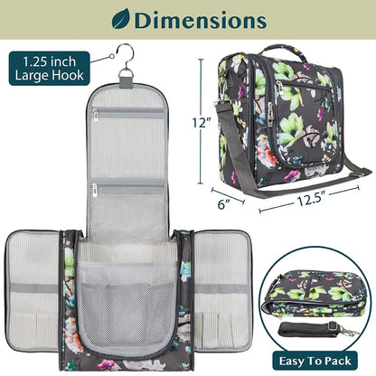 PAVILIA Extra Large Toiletry Bag Travel Bag for Women Men, Hanging Cosmetic Organizer, Water Resistant Makeup Bag for Accessories Toiletries, Travel Essentials Kit (Floral Grey)