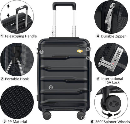 24 Inch Luggage with Spinner Wheels, Hard Shell Suitcase, Lightweight PP Luggages with TSA Lock, Checked-Medium Suitcases 24-Inch, Black