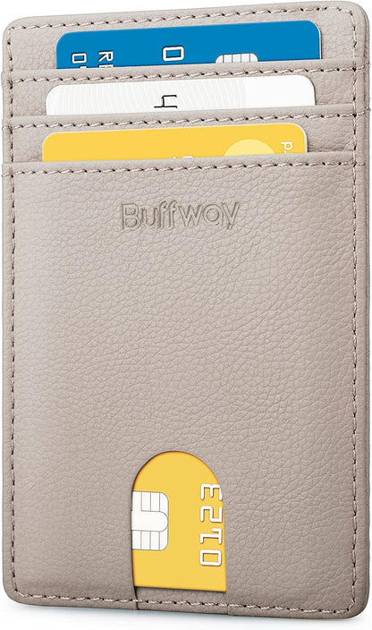 Buffway Mens Slim Wallet, Minimalist Thin Front Pocket Leather Credit Card Holder with RFID Blocking for Work Travel