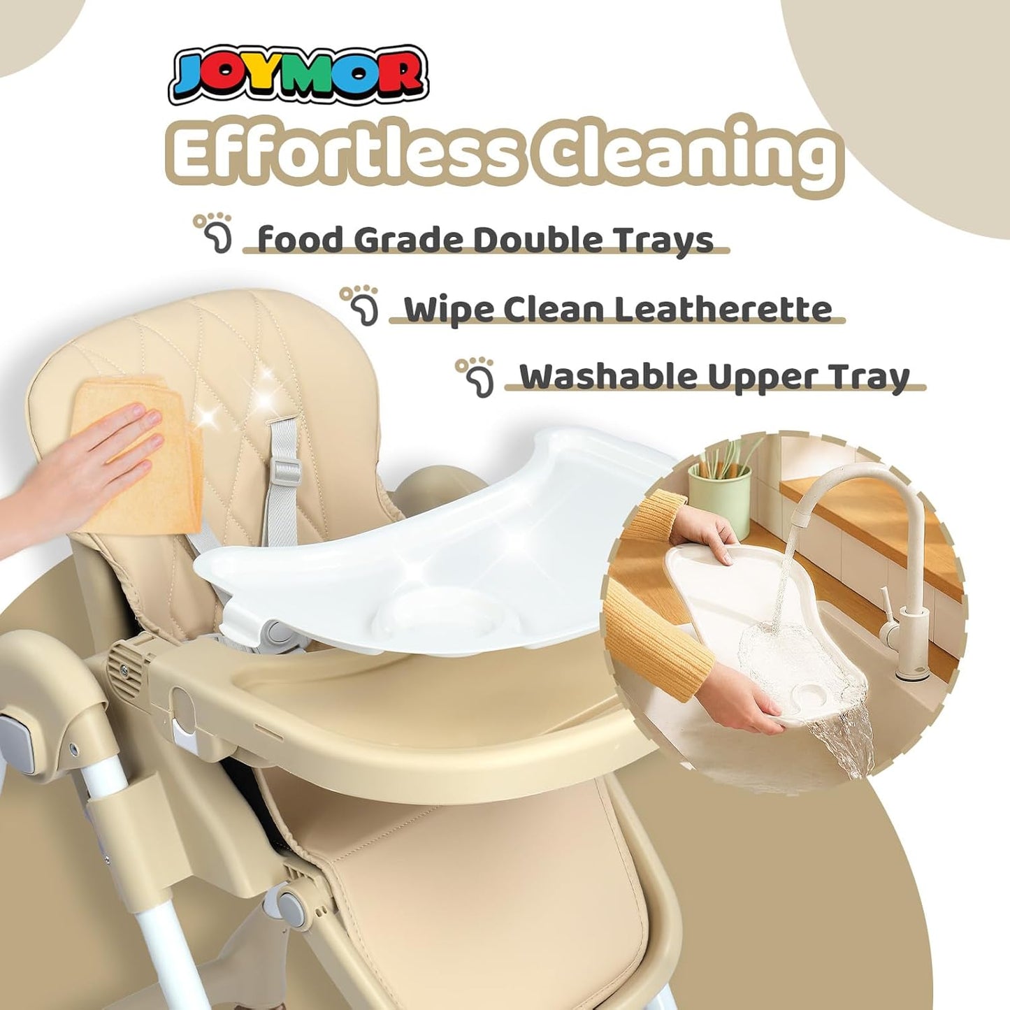 JOYMOR Foldable Baby High Chair, 4 in 1 Convertible Highchair for Eating, Height Adjustble and Multiple Recline, Compact Foldable Design for Easy Storage (Beige)