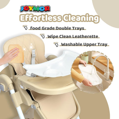 JOYMOR Foldable Baby High Chair, 4 in 1 Convertible Highchair for Eating, Height Adjustble and Multiple Recline, Compact Foldable Design for Easy Storage (Beige)