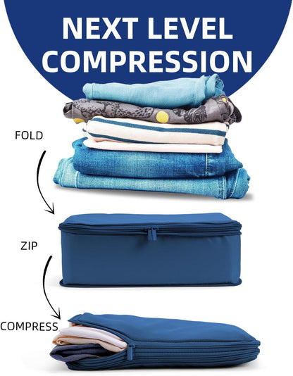 6 Set Compression Packing Cubes for Travel, Large Medium Small Luggage Organizers, Storage Bags for Clothes (6 Pack, Dark Blue)