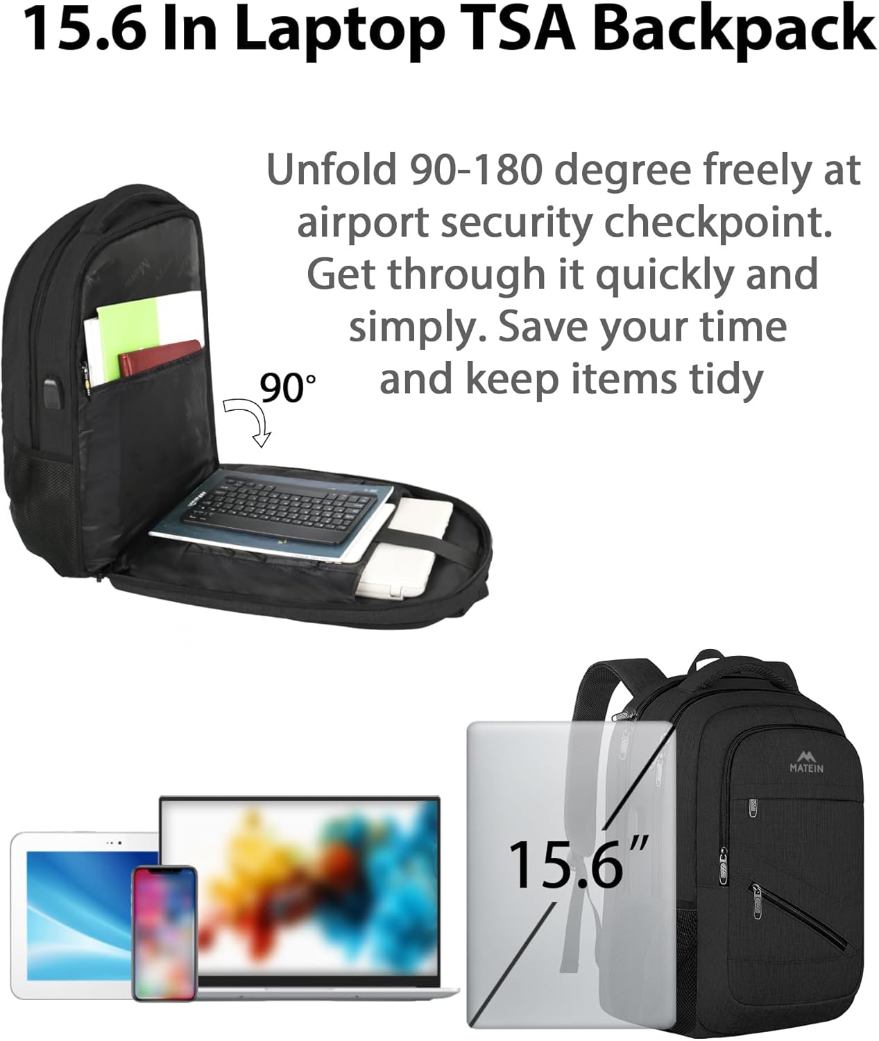 MATEIN 15.6 Inch College Backpack, 20 L Airline Approved Laptop Computer Backpack with Multiple Organization Pockets, Water Resistant Personal Item Casual backpack for Men Women, Black