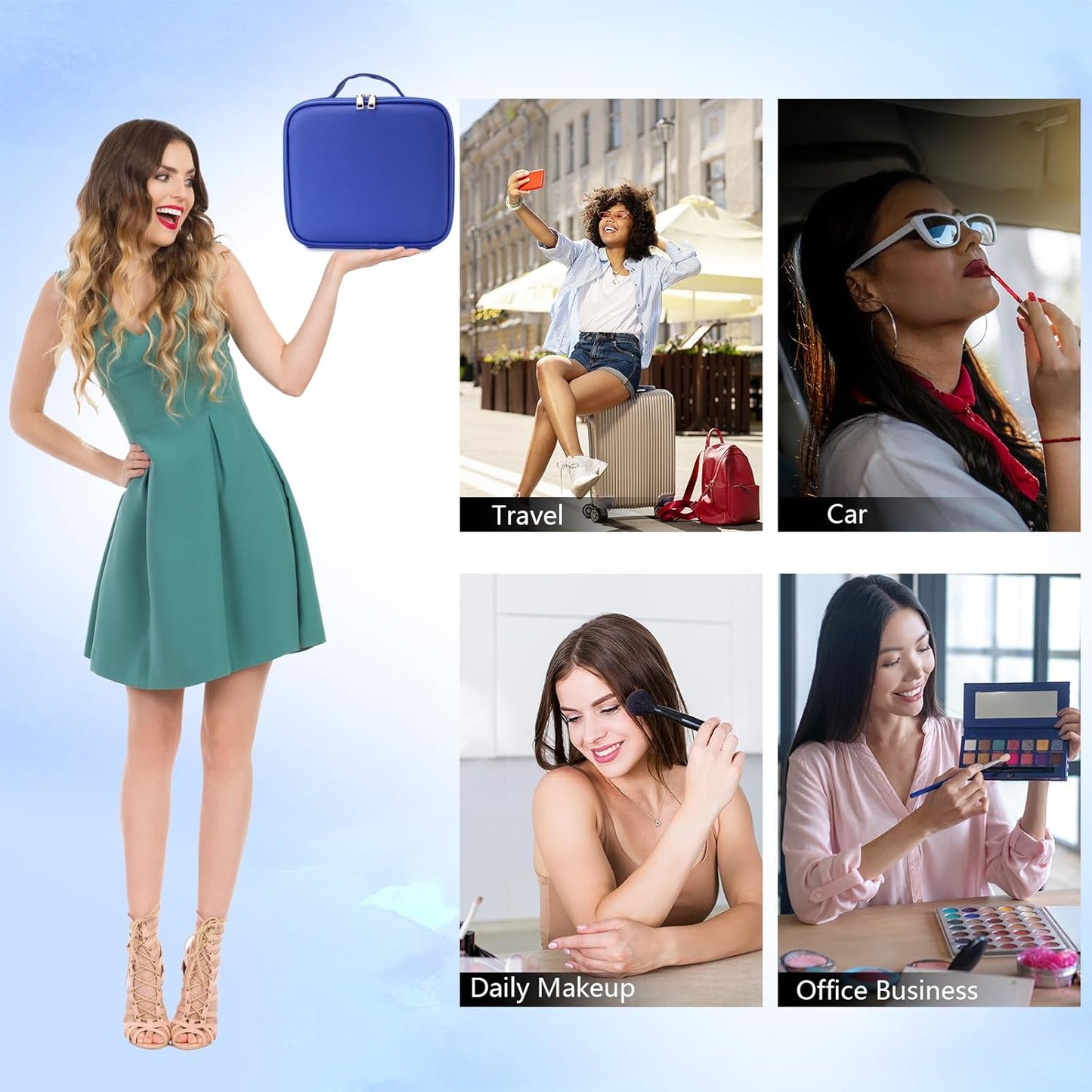 Travel Makeup Bag with LED Mirror Travel Makeup Organizer with 3 Lighted Settings, Adjustable Dividers and Makeup Brush Storage Bag Dark Blue