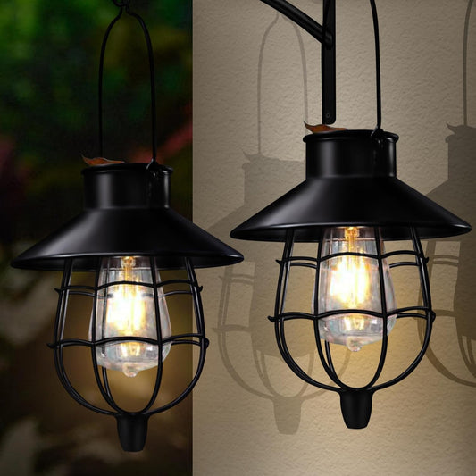 2 Pack Solar Lanterns Outdoor Waterproof Hanging Solar Lights with Vintage Metal Warm White Light Edison Bulb Design, Decorate for Garden Yard Porch and Christmas(Black)