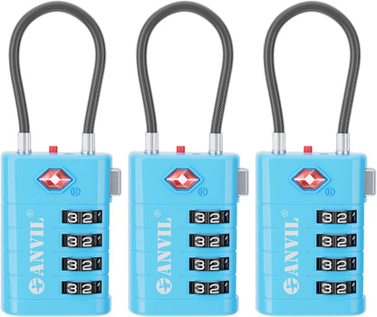 ANVIL 4 Digit Luggage Locks, TSA Locks for Luggage, Advanced TSA008 core, Alert Indicator for Your Travel Lock, Suitcase Lock. (3, Blue)