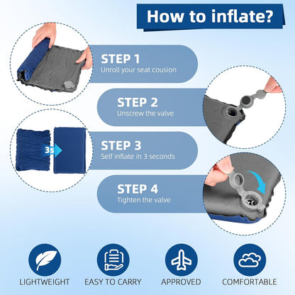 Inflatable Seat Cushion, Lightweight Self-Inflating Memory Foam Seat Cushion for Stadium Camping, Airplane Travel, Bleachers, Waterproof Portable Cushion Chair Pad with Carry Bag (Blue Grey)