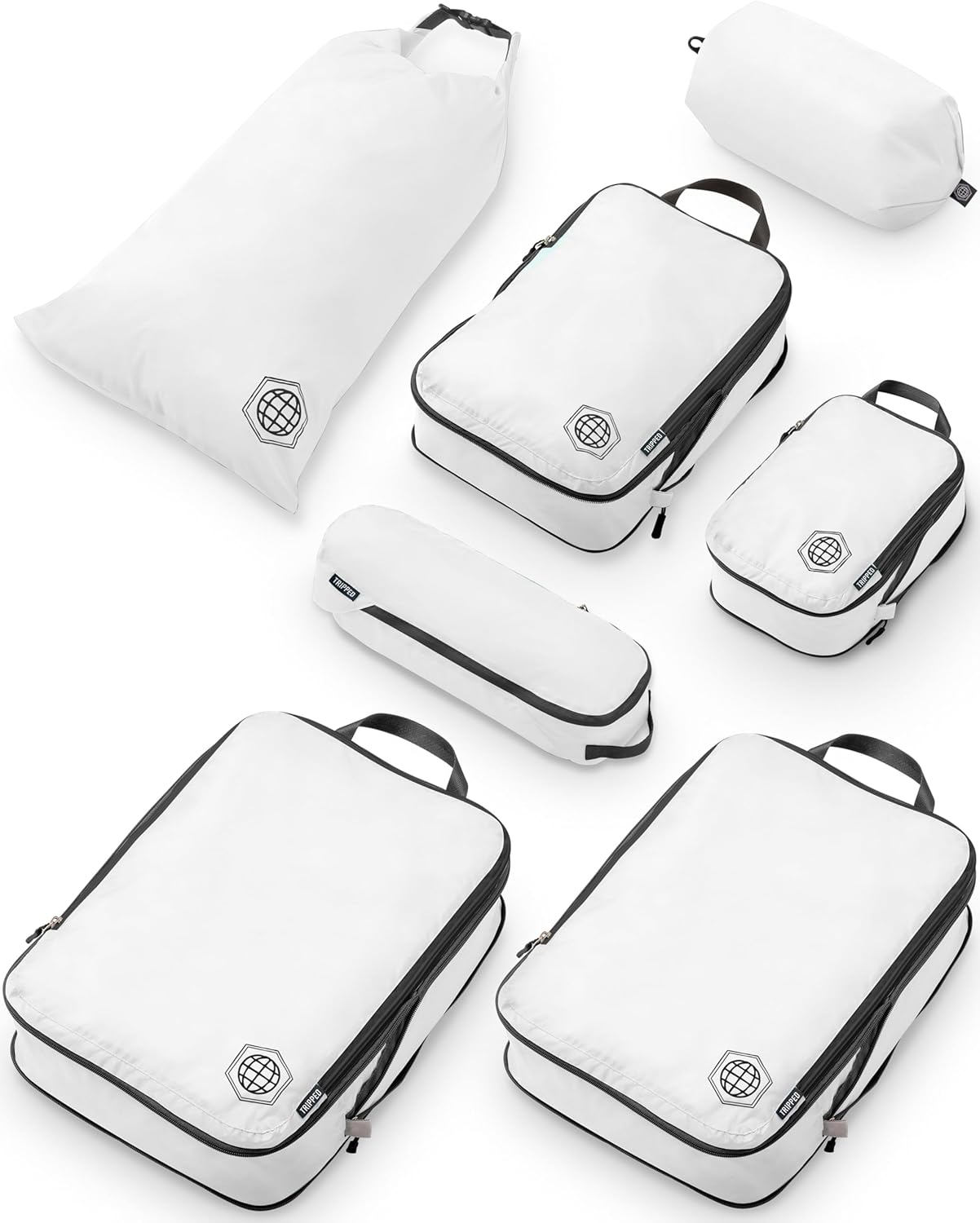 Large Compression Packing Cubes for Travel-Packing Cube Luggage Organizers 7 Piece Set for Checked Luggage-Ultralight, Expandable/Compression Bags by TRIPPED Travel Gear (White/Grey)