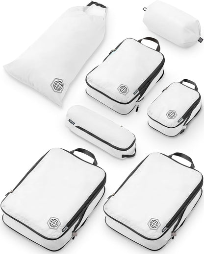 Large Compression Packing Cubes for Travel-Packing Cube Luggage Organizers 7 Piece Set for Checked Luggage-Ultralight, Expandable/Compression Bags by TRIPPED Travel Gear (White/Grey)