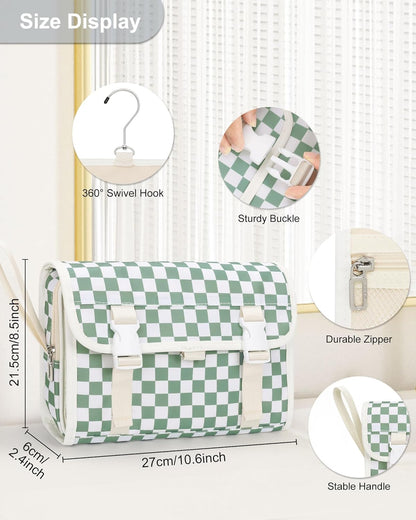 Relavel Travel Hanging Toiletry Bag for Women, Large Capacity Wash Bag with 360 degree Rotation Hanging Hook, Portable Toiletries Makeup Organizer Storage for Daily Use, Trip, Camping - Green Plaid