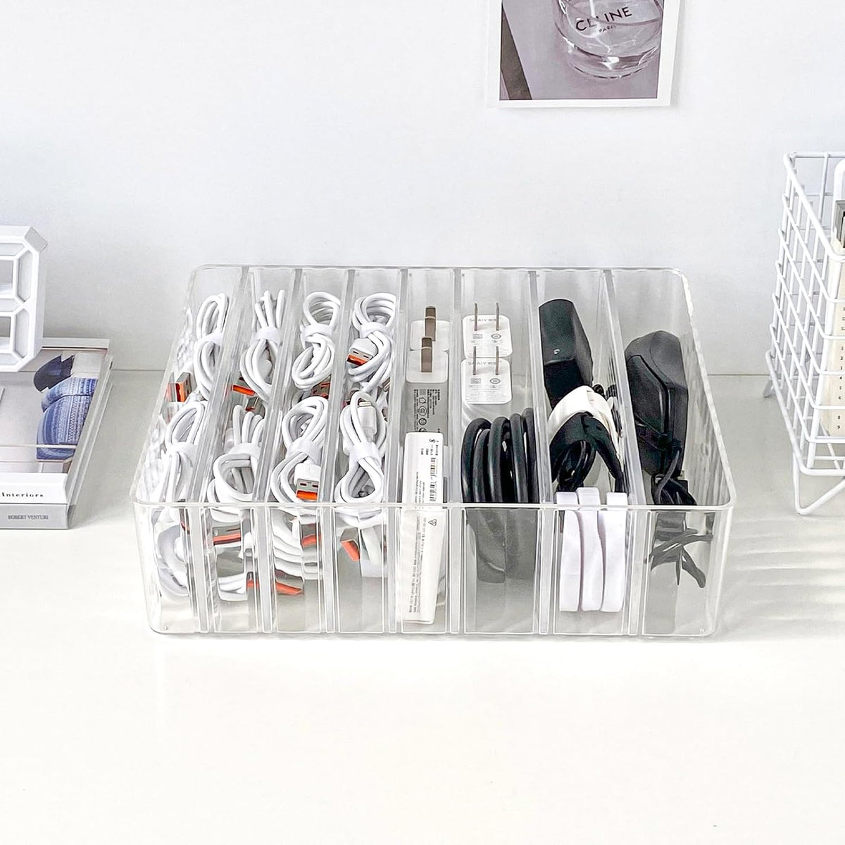 Yesesion Clear Cord Storage Box with Wire Ties, Plastic Cable Organizer for Drawer, Large Desk Accessories Case Container for Phone Charger, Battery, Art Crafts, Home Office Supplies, 2 Pack