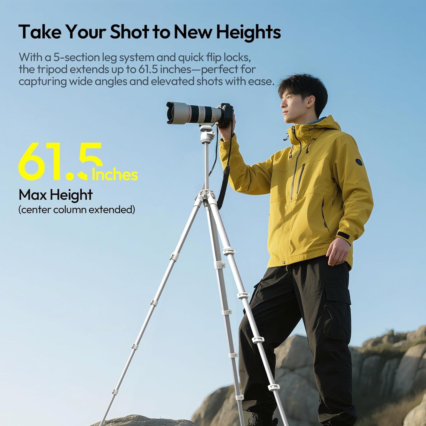 ULANZI Ombra Ⅱ Camera Travel Tripod White, 61.5" Aluminum Tripod Foldable with UKA Quick Release Plate for Phone Sony Canon, Video Shooting Vlogging Portable Stand w Phone Clamp Holder Carry Bag