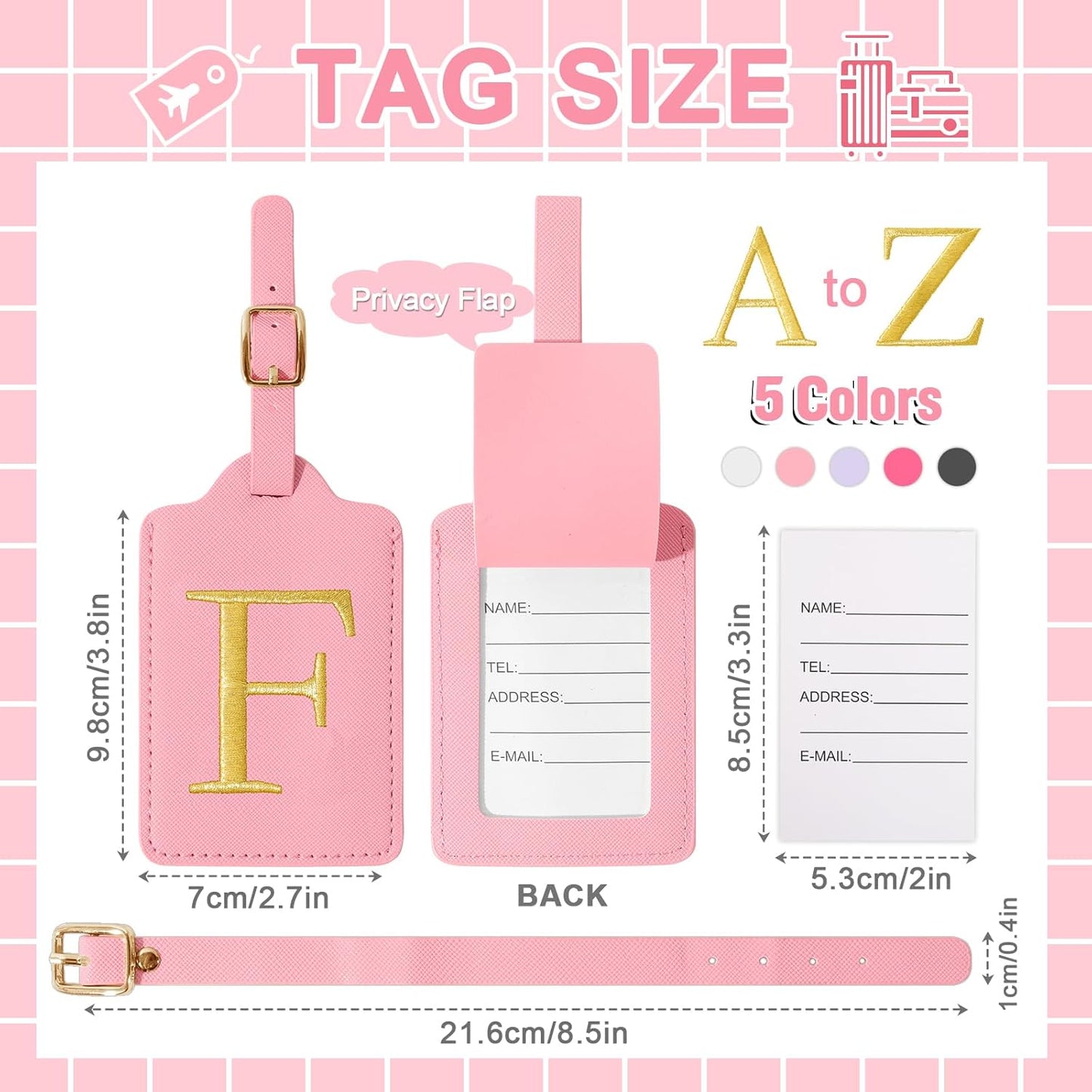 Personalized Initial Luggage Tags for Suitcase, Pink Leather Cute Luggage Tags with Privacy Cover Name Card, Embroidered Custom Monogrammed Luggage Tag Travel Bag Baggage Tags Gifts for Women Kids(F)