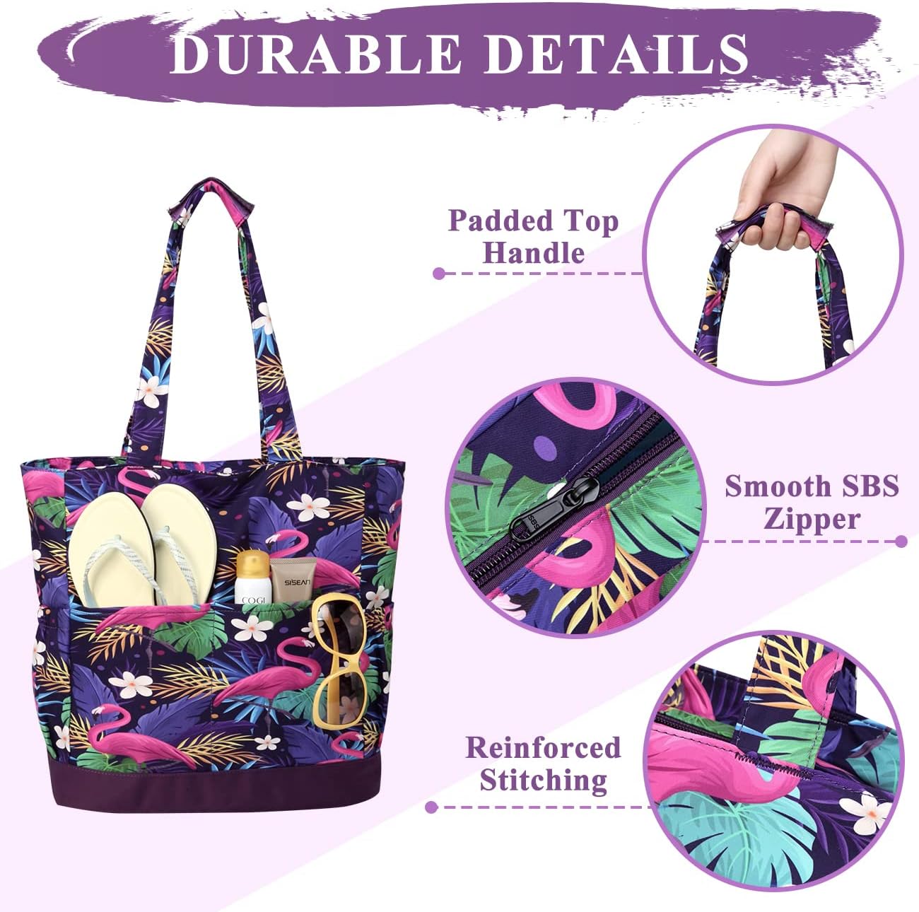 VASCHY Beach Bag for Women, Large Waterproof Sandproof Fold-able Packable Pool Tote Bag w Zipper/Pockets