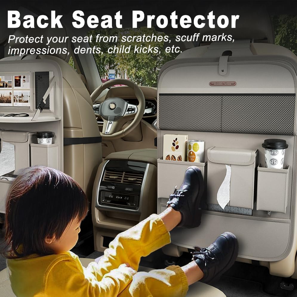 Car Seat Organizers,Multi-functional Back Seat Protectors, Storage Pouches, and Tray Holders (for Cars, Kids, Seat Back and Rear Seats) (Plain Gray, 1 Pcs)