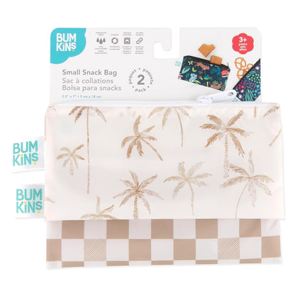 Bumkins Reusable Snack Bags, for Kids School Lunch and for Adults Portion, Washable Fabric, Waterproof Cloth Zip Bag, Supplies Travel Pouch, Food-Safe Storage, 2-pk Palm Trees, Check