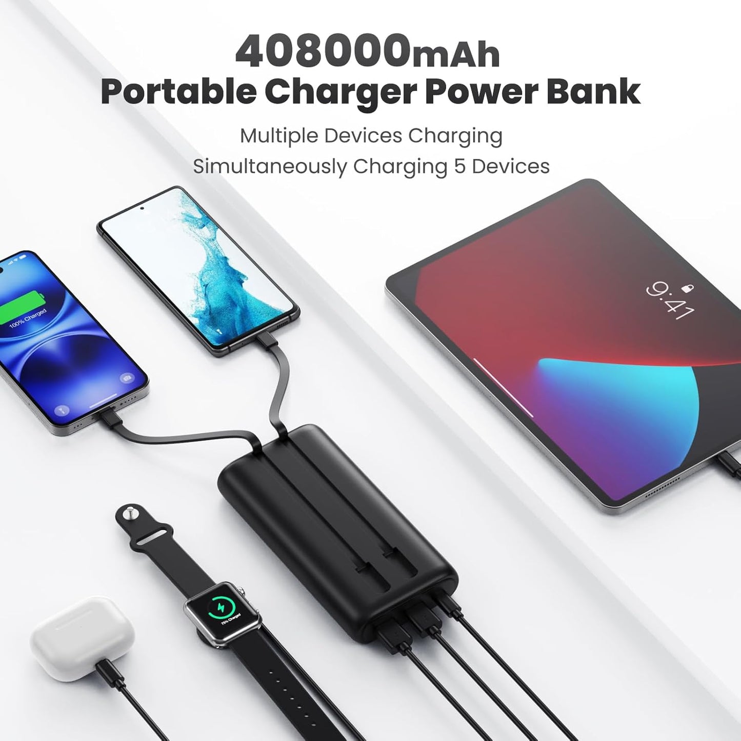 Portable Charger Power Bank 40,800mAh 25W Fast Charging USB C Portable Charger with 2 Built in Cables,5 Outputs & QC 4.0 Quick Phone Charging Battery Pack Compatible with iPhone 16/15/14,Android