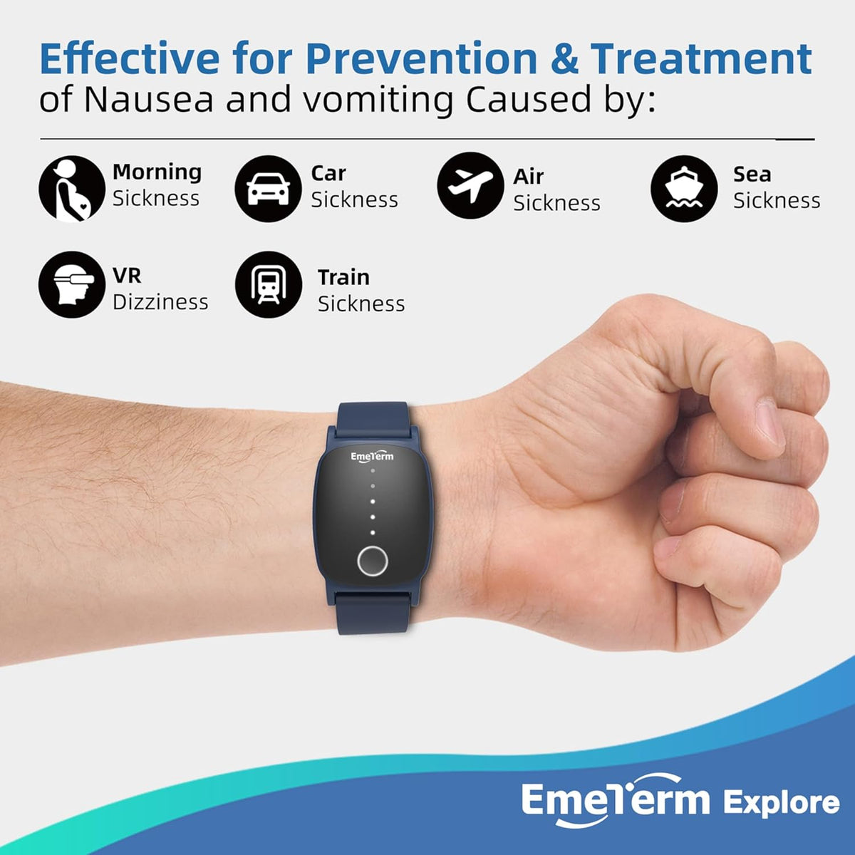 EmeTerm Explore FDA-Cleared Anti-Nausea Wristband IP67 Waterproof Morning Motion Sickness Relief Band Rechargeable Classic Strap Design Drug Free Non-drowsy Without Side Effects Navy Blue