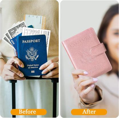 TIGARI Passport Holder for Travel Women Men, PU Leather Waterproof RFID Passport Holder Wallet Cover Case Sleeve, Family Vacation Plane Cruise Travel Document Organizer Essentials-Pink