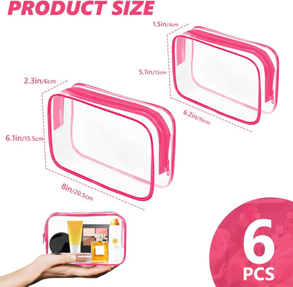 AURUZA 6 Pack Clear Toiletry Bag,Portable Travel Makeup Bags with Zipper, TSA Approved Clear Organizer Bags, PVC Cosmetic Pouch for Airport Airline Compliant (6 Packs Rose Red)