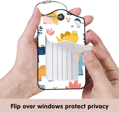 Luggage Tags for Suitcases, 2-Pack PU Leather for Cruise & Travel, Baggage ID Tags with Privacy Cover & Address Card, Durable Metal Ring, Kids Adults Travel Accessories, Playful Dinos