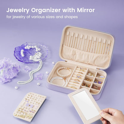 Lolalet Travel Jewelry Case for Women, Travel Jewelry Organizer Box with Mirror & Clear Storage Bag, Small Portable Traveling Earring Necklace Bracelet Ring Case, Bridesmaid Gifts -Medium, Purple