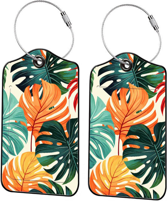 Luggage Tags for Suitcases, 2-Pack PU Leather for Cruise & Travel, Baggage ID Tags with Privacy Cover & Address Card, Durable Metal Ring, Kids Adults Travel Accessories, Vibrant Tropical Foliage