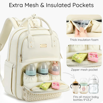 Diaper Bag Backpack - Large Multi functional, Boys, Girls & Baby Travel Essentials Tote with Changing Pad, Insulated Pockets, Stroller Straps, Waterproof - Baby Backpack for Mom & Maternity (Beige)