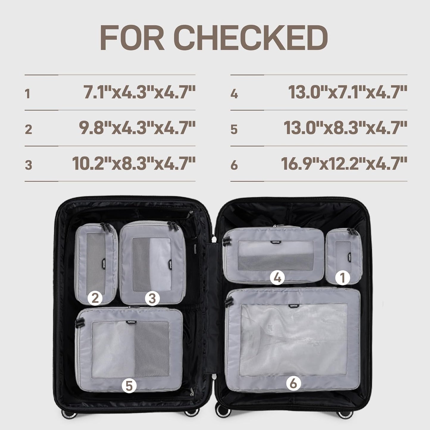 EPICKA TripCozy Compression Packing Cubes - 6 Set Durable Travel Organizer Bags with Mesh Top, Expandable Travel Accessories for Carry on, Luggage, Suitcase, Backpack (Light Grey)
