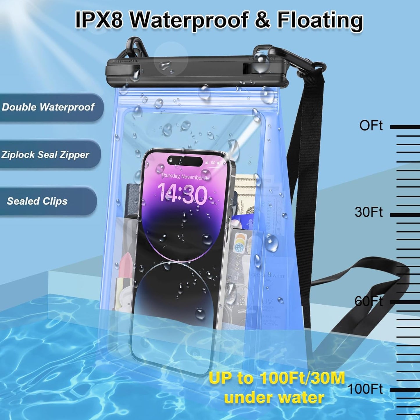 Large Waterproof Phone Pouch Floating, Waterproof Phone Case for iPhone 14 15 Pro Max 13 Plus 12 11 Samsung S23 Ultra S22 up to 8.5'', IPX8 Water Proof Phone Dry Bag for Swimming Kayaking Vacation
