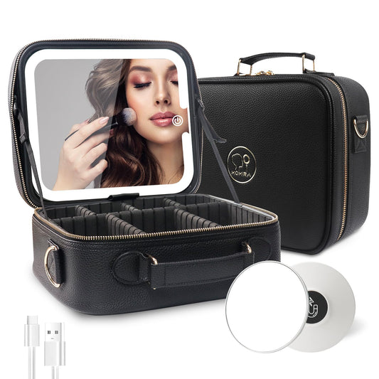 MOMIRA Travel Makeup Bag Cosmetic Bag with Lighted Mirror, Adjustable Brightness in 3 Color Scenarios/Detachable makeup mirror, All-round Upgrade, Waterproof, Gift for Women -Black