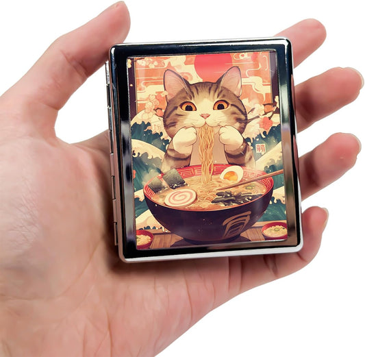 8‑Compartment Metal Pill Box Organizer – Portable Medicine Case 3″×2.6″ | Food‑Grade Dividers | Secure Snap Button Lid | Travel & Gift for Seniors (Ramen Kitty Feast)