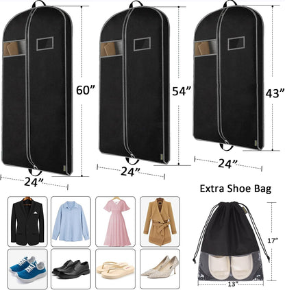 BALEINE 5PK Heavy Duty Garment Bag with Shoe Storage Travel Bag for Dresses, Suit, Coats Travel Essential (60", Black)