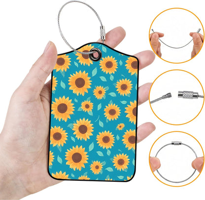 Luggage Tags for Suitcases, 2-Pack PU Leather for Cruise & Travel, Baggage ID Tags with Privacy Cover & Address Card, Durable Metal Ring, Kids Adults Travel Accessories, Turquoise Sunflowers