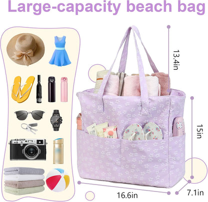 LEDAOU Large Beach Tote Bag Women Waterproof Sandproof Zipper Beach Tote Bag for Pool Gym Grocery Travel with Wet Pocket