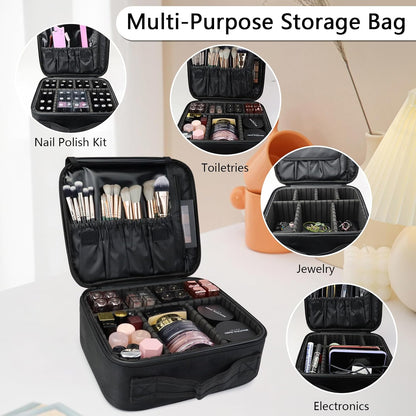 Travel Makeup Bag Makeup Cosmetic Train Case Organizer Portable Storage Bag with Adjustable Dividers for Cosmetics Makeup Brushes Toiletry Jewelry Black