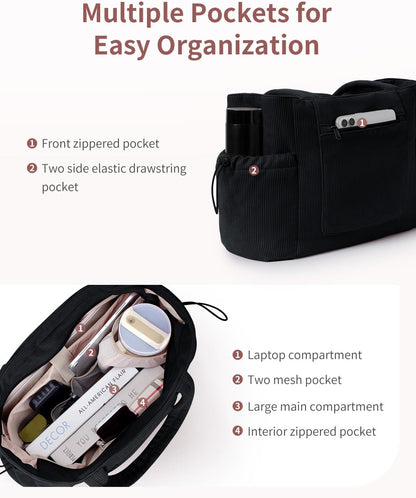 ECOHUB Tote Bag for Women, Work Tote Bags with Laptop Compartment, Large Corduroy Tote Bag with Stanley Cup Holder