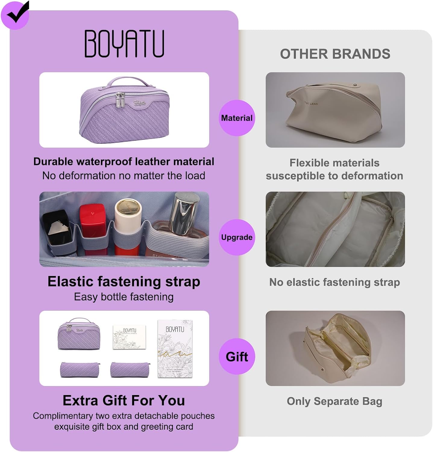 BOYATU Travel Makeup Bags for Women: Large Cosmetic Bag Waterproof - Vegan Leather Make up Bag Set of 3 - Compact Toiletry Organizer with Compartments & Handle & Divider (Z-Purple)