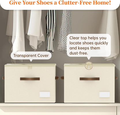 Shoe Organizer for Closet, 2 Pack Shoe Organizer with Clear Cover, Closet Shoe Storage Containers w/Adjustable Dividers, Foldable Storage Bins for Shoes, Fits 16-32 Pairs, Beige