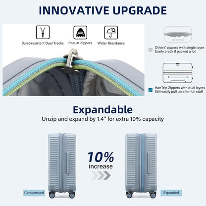 Hard Shell Suitcases Expandable Travel Luggage Sets 2 Piece, Carry on and Check in Luggage Lightweight Suitcase Set 2 Piece with Wheels Cup Holder Charger Built in (Silver, 20/28)