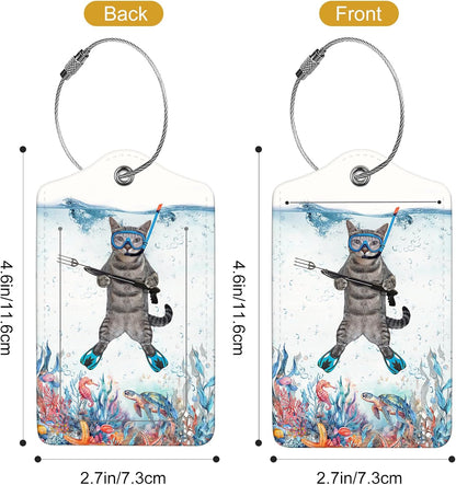 2Pack Luggage Tags for Suitcases, Cute Unique Pu Leather Cruise Luggage Tag with Privacy Cover ID Label Address Card and Metal Ring Suitable for Women Men Kids Travel Bag The Diving Cat