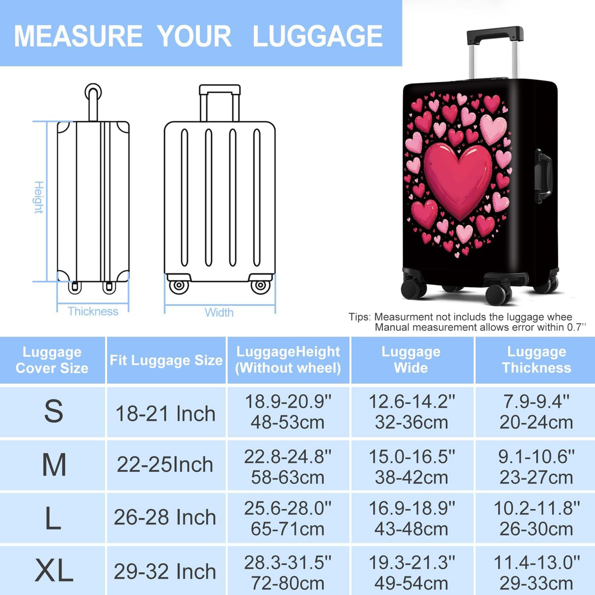 Luggage Cover Washable Suitcase Protector Anti-Scratch,Stretchable Fit for 20-34Inch Luggage Durable Travel Bag Cover with Zipper Closure (Heart, M(fits 24-26Inch suitcase))