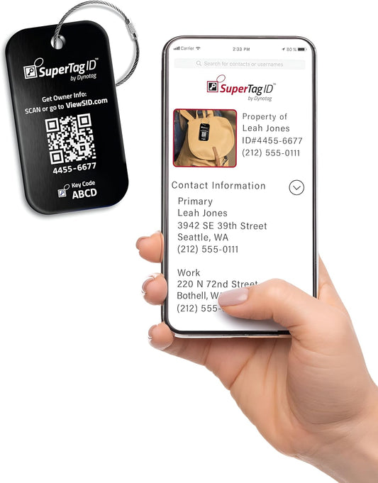 Dynotag® Sentry Series Solid Metal Web Enabled Smart Luggage Tag ID + Steel Loop, Anodized Aluminum with DynoIQ™ & Lifetime Recovery Service (Midnight Black)