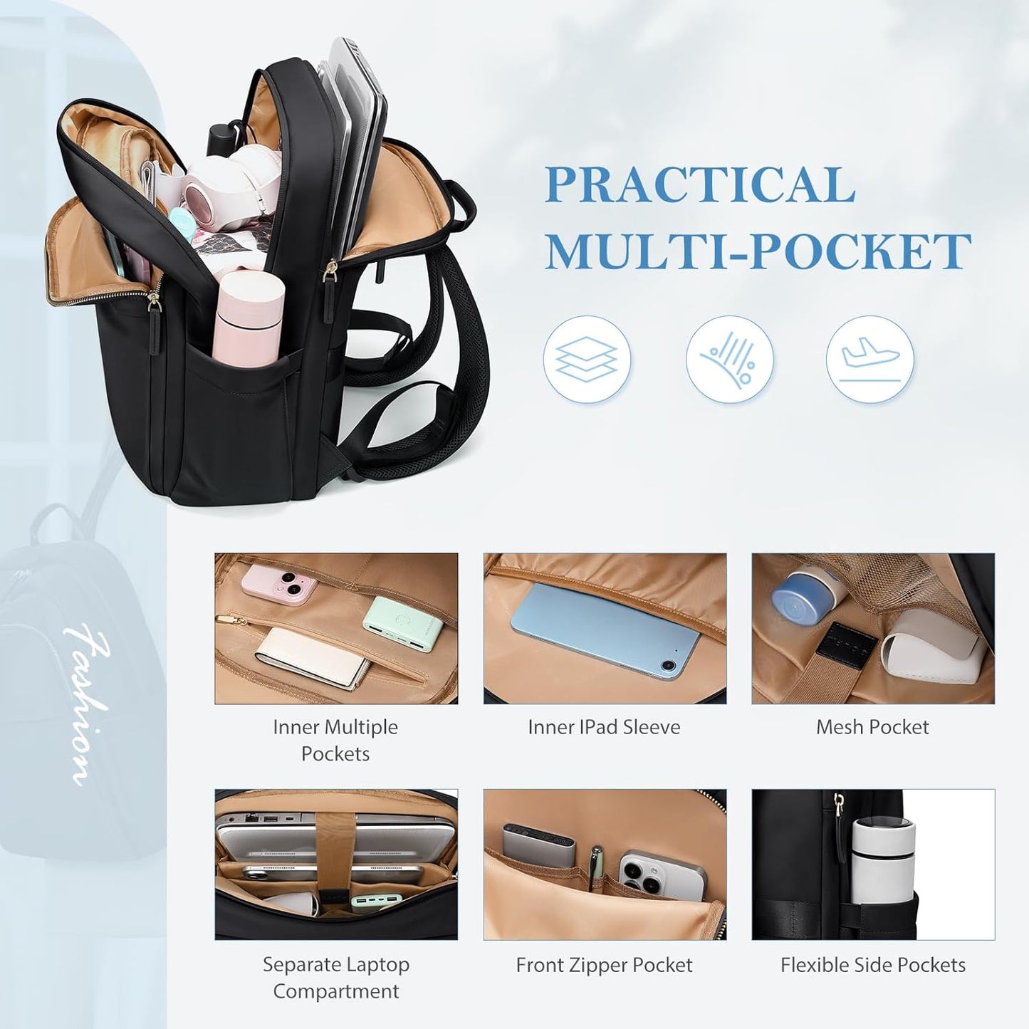 Travel Backpack for Women Personal Carry On Bag Business Weekender Hiking Multilayer Laptop Bag,16 Inch,Black