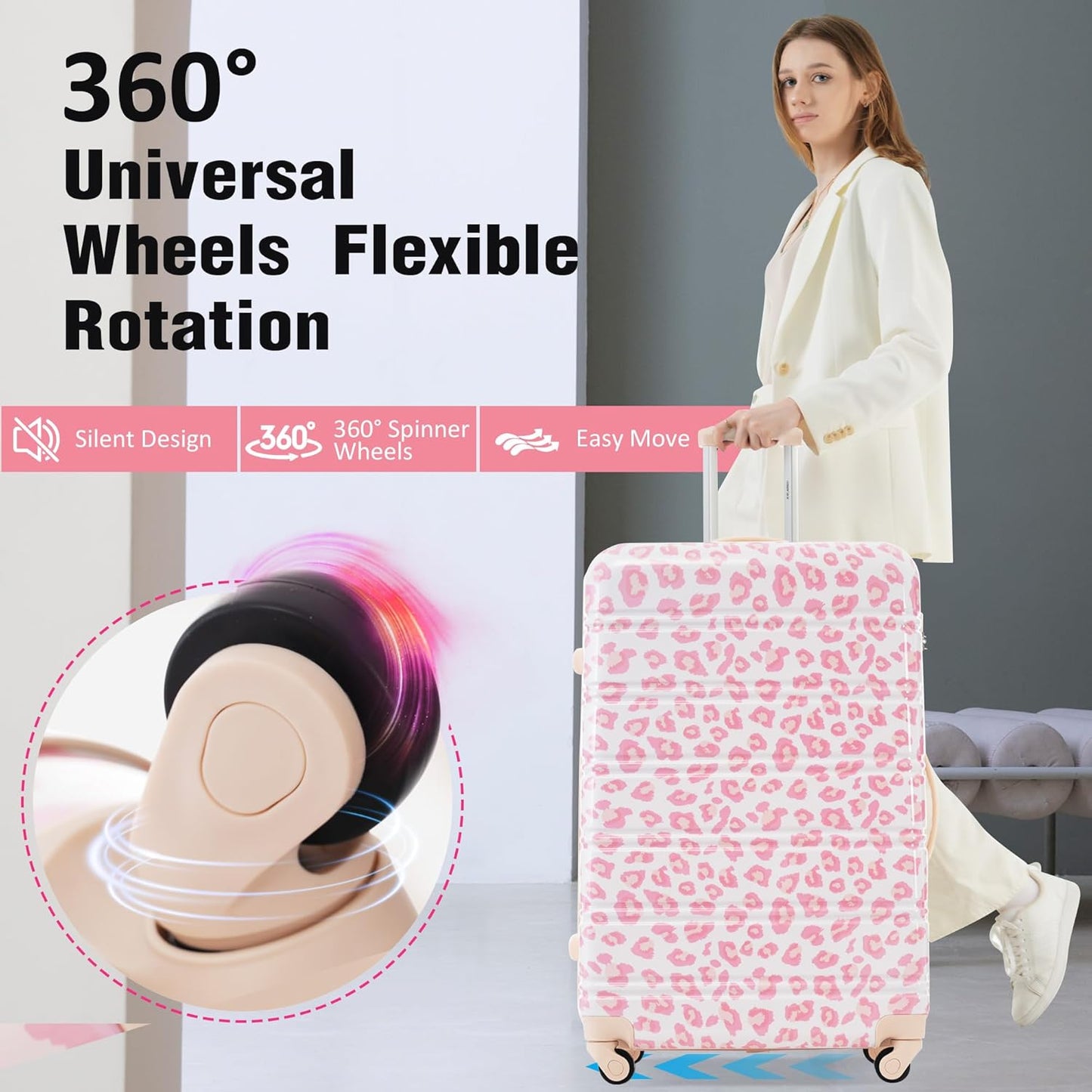 Merax Luggage Sets 3 Piece, Hardside Expandable Suitcase Set with Spinner Wheels, Lightweight Leopard Luggage 20+24+28 IN, Leopard Pink